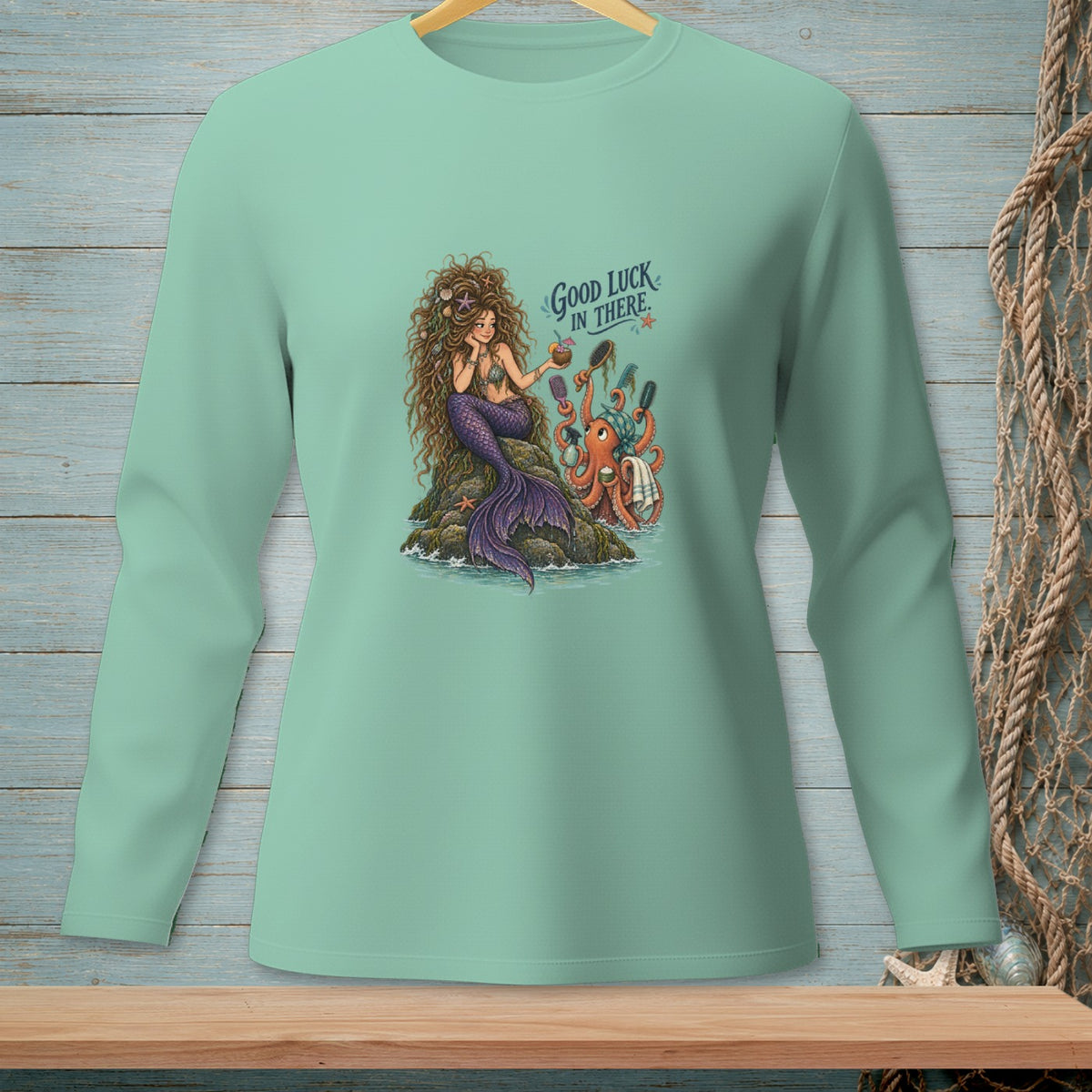 Mermaid with octopus, brushes, and drinks, with text "Good Luck In There".