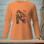 Orange long-sleeve shirt with a mermaid and octopus graphic and text.