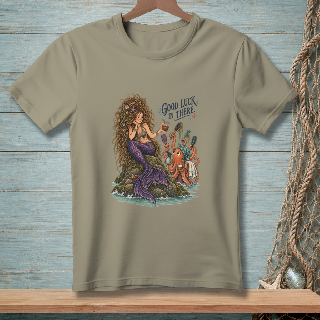 T-shirt with illustration of a mermaid and octopus, text "Good Luck In There."