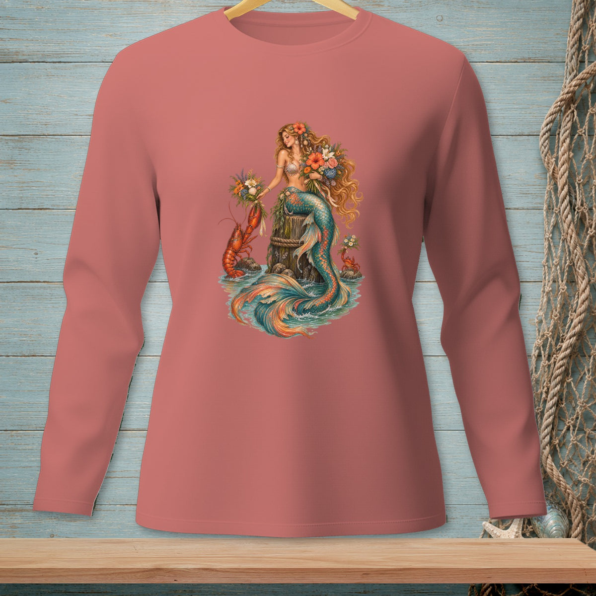 Mermaid with flowers, lobster, and crab on a rustic wooden pier.
