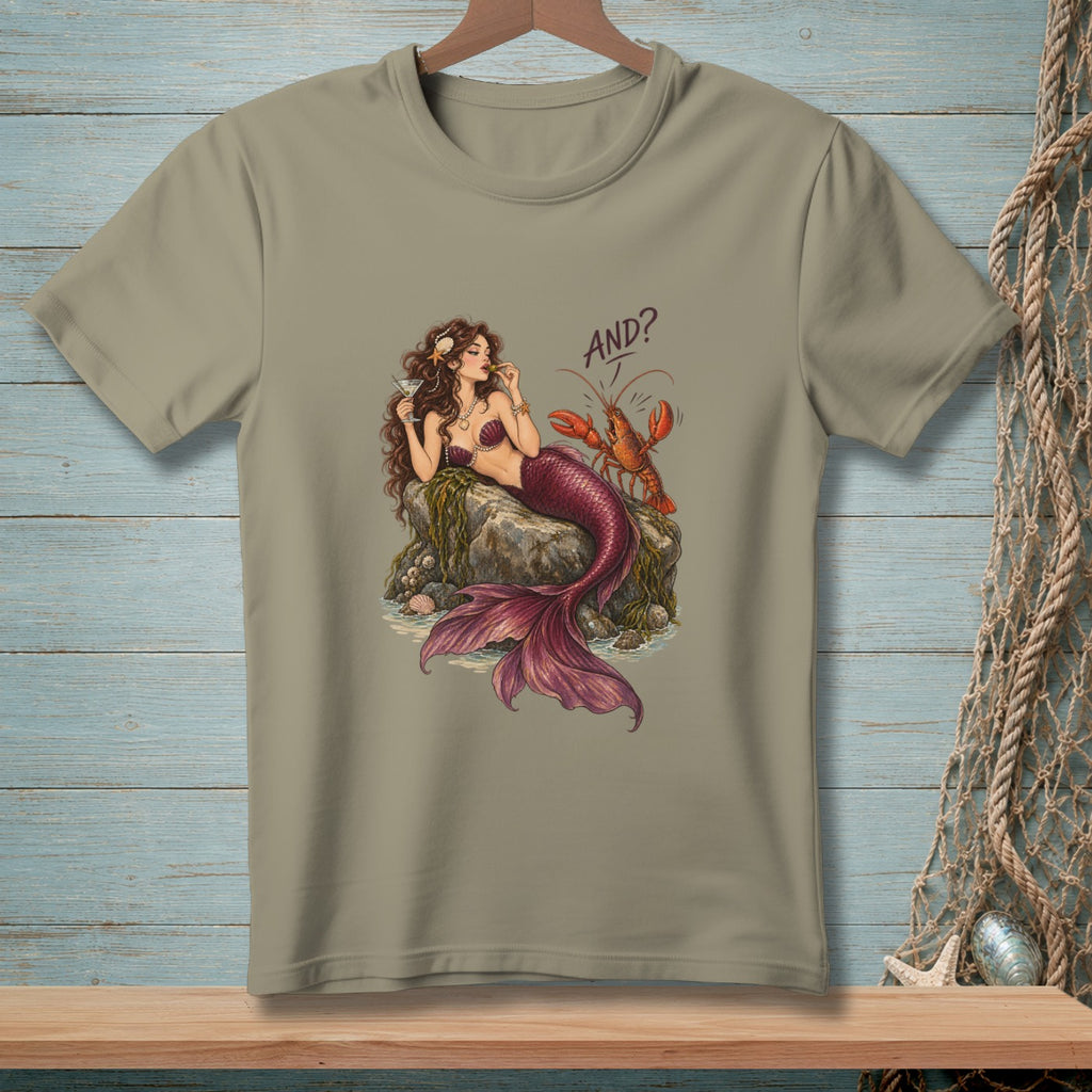 Mermaid holding cocktail with lobster and text "AND?".