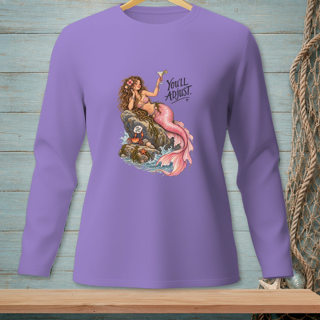 Lavender shirt with a mermaid on a rock holding a drink and text "You'll ADJUST."