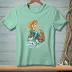 Mermaid on a rock with a lobster holding a pearl.