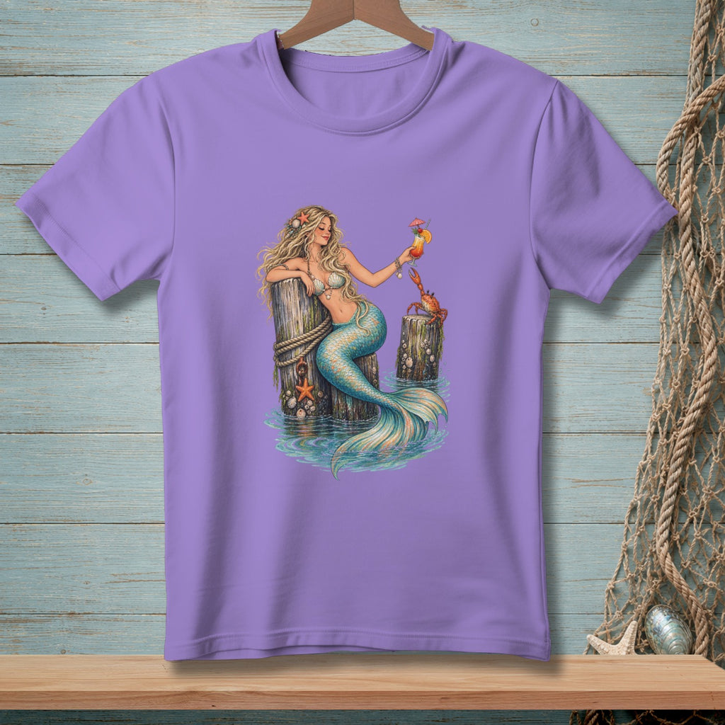 Purple t-shirt with illustration of a mermaid holding a cocktail next to a crab.