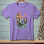 Purple t-shirt with illustration of a mermaid holding a cocktail next to a crab.