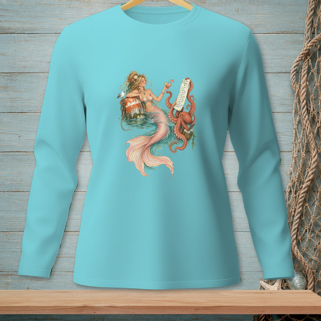 Mermaid with octopus and cocktail, holding a list with an anchor symbol.