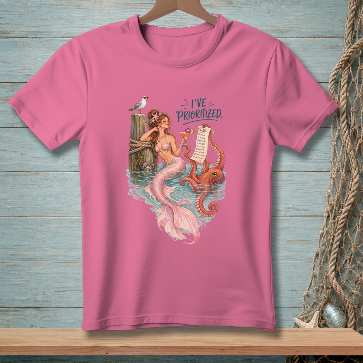 Mermaid with octopus and a to-do list with "I've Prioritized" text.