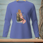 Mermaid with pink tail and drink sits on dock, "Indoor Voice." text.