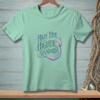 Mint t-shirt with "High Tide Higher Standards" text and a mermaid tail graphic.