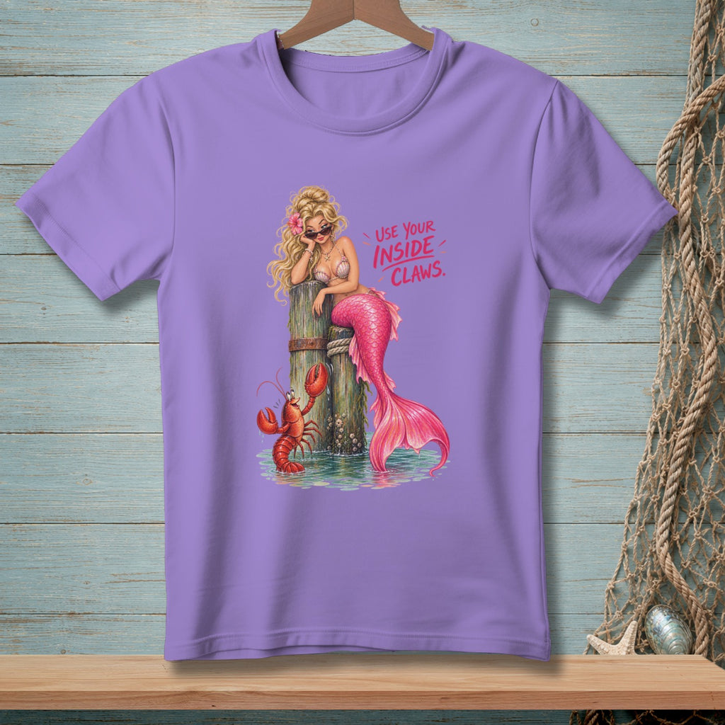 Purple t-shirt with a blonde mermaid, lobster, and the text "Use Your Inside Claws."
