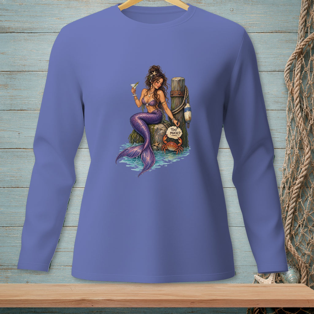 Mermaid holding a martini on a rock, with a crab and a sign that says "Too Much?".