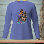 Mermaid holding a martini on a rock, with a crab and a sign that says "Too Much?".