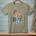 Mermaid on a pier with a crab holding a clipboard that says "Declined".