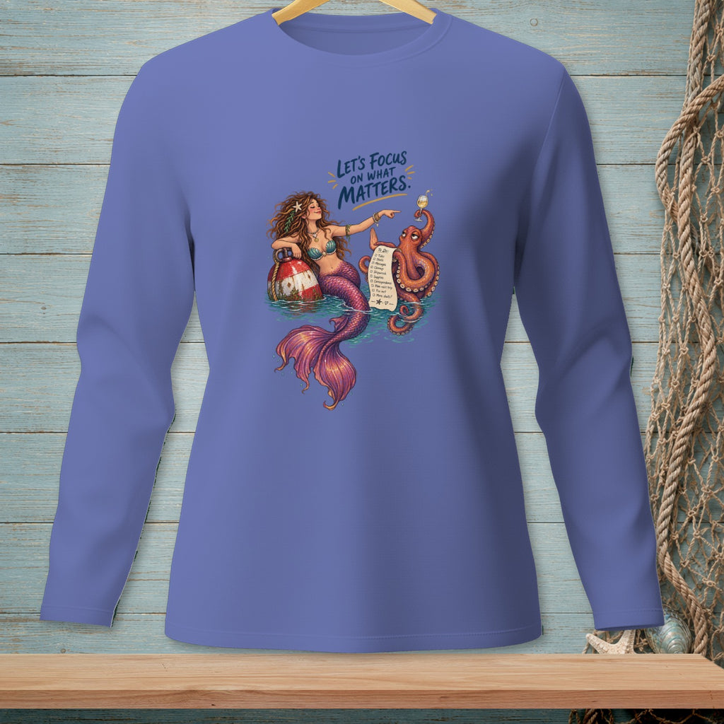 Mermaid and octopus with a "To Do" list and wine, with text "Let's Focus on What Matters."