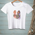 White t-shirt with two mermaids sitting on rocks surrounded by treasures.