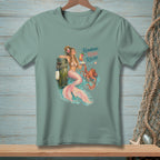 Mermaid with pink tail holding a drink, octopus nearby, with text "Repurpose. Reuse. Relax."