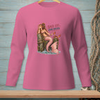Pink long-sleeve shirt with mermaid and crab graphic that reads "Back Off, Crab Breath."