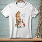 Mermaid on a post with lobster holding flowers; text reads "We're Almost There."