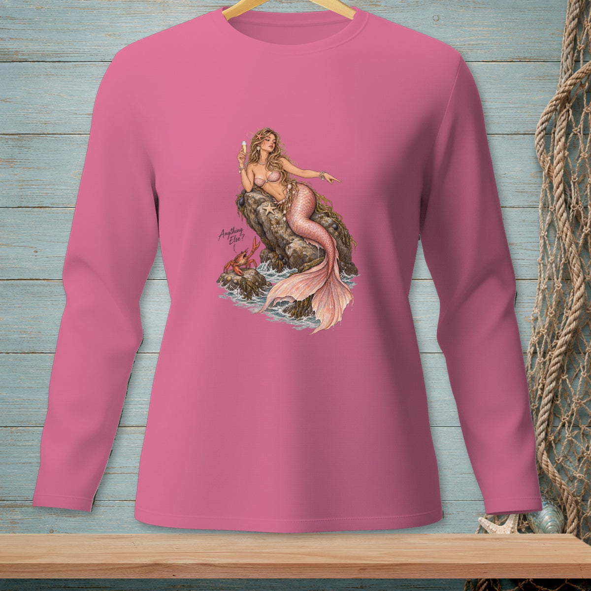 Pink long-sleeve shirt with mermaid graphic and text "Anything Else?".