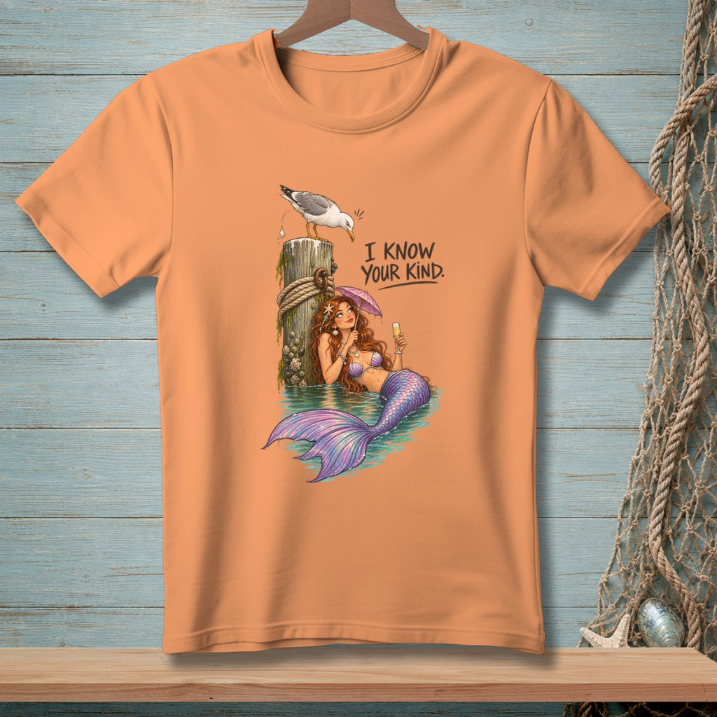 Mermaid holding an umbrella and a drink with a seagull and text "I KNOW YOUR KIND."