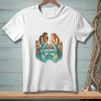 Two mermaids with tails sit on a dock, talking.