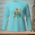 Mermaid on dock with crab, beach sign, and handbag on light blue long-sleeve shirt.