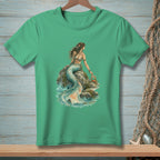 Mermaid sitting on a rock holding a crab with "Smile" sign.