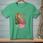 Green t-shirt featuring a mermaid, octopus, mirror, and the text "NO NOTES."