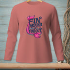 Pink long-sleeve shirt with "Fin Around & Find Out" mermaid tail graphic.