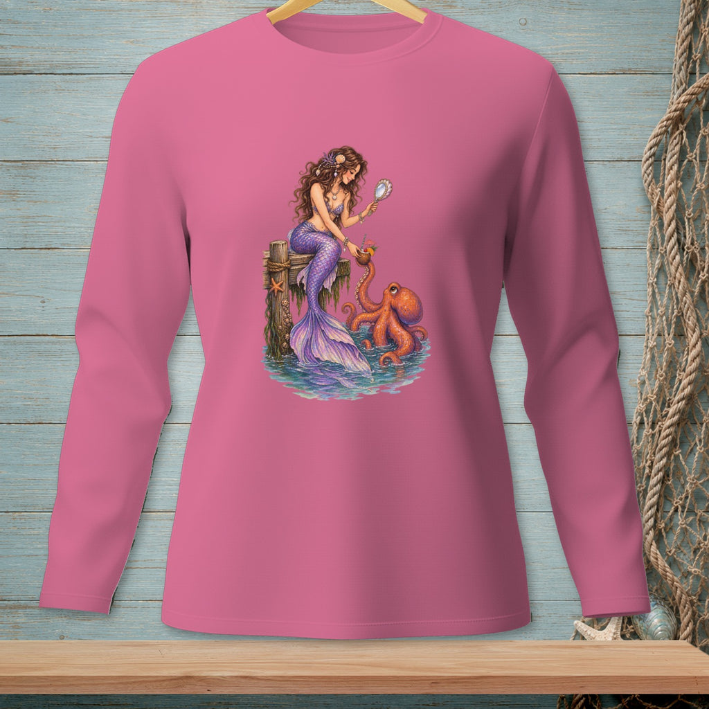 Pink long-sleeve shirt with a mermaid and octopus design.