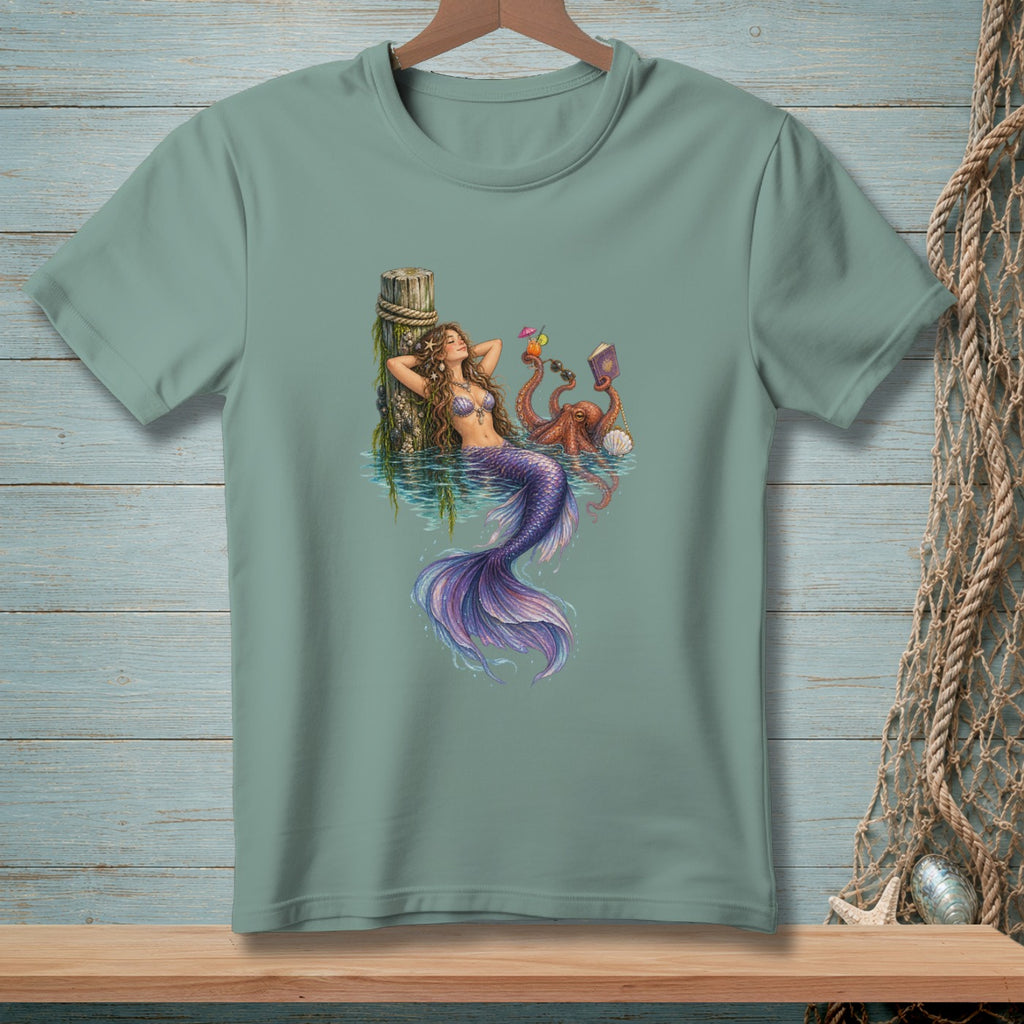 T-shirt graphic featuring a mermaid relaxing by a dock with an octopus and drinks.
