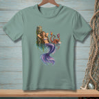 T-shirt graphic featuring a mermaid relaxing by a dock with an octopus and drinks.