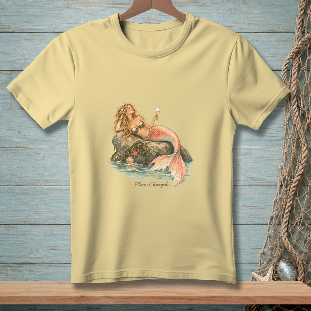 Light yellow t-shirt with a mermaid holding an ice cream cone and text "Plans Changed."