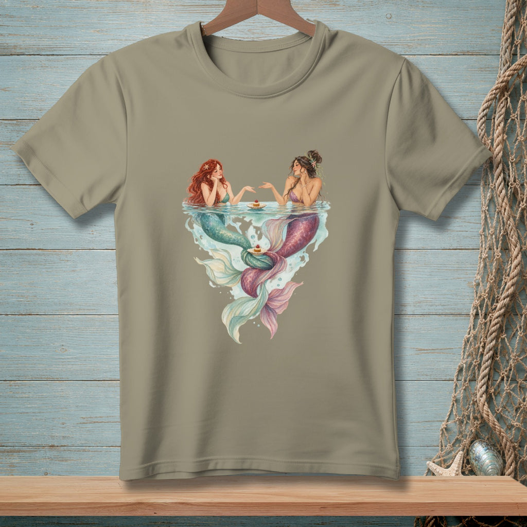 Two mermaids with colorful tails sit at the water's surface, sharing small cakes.