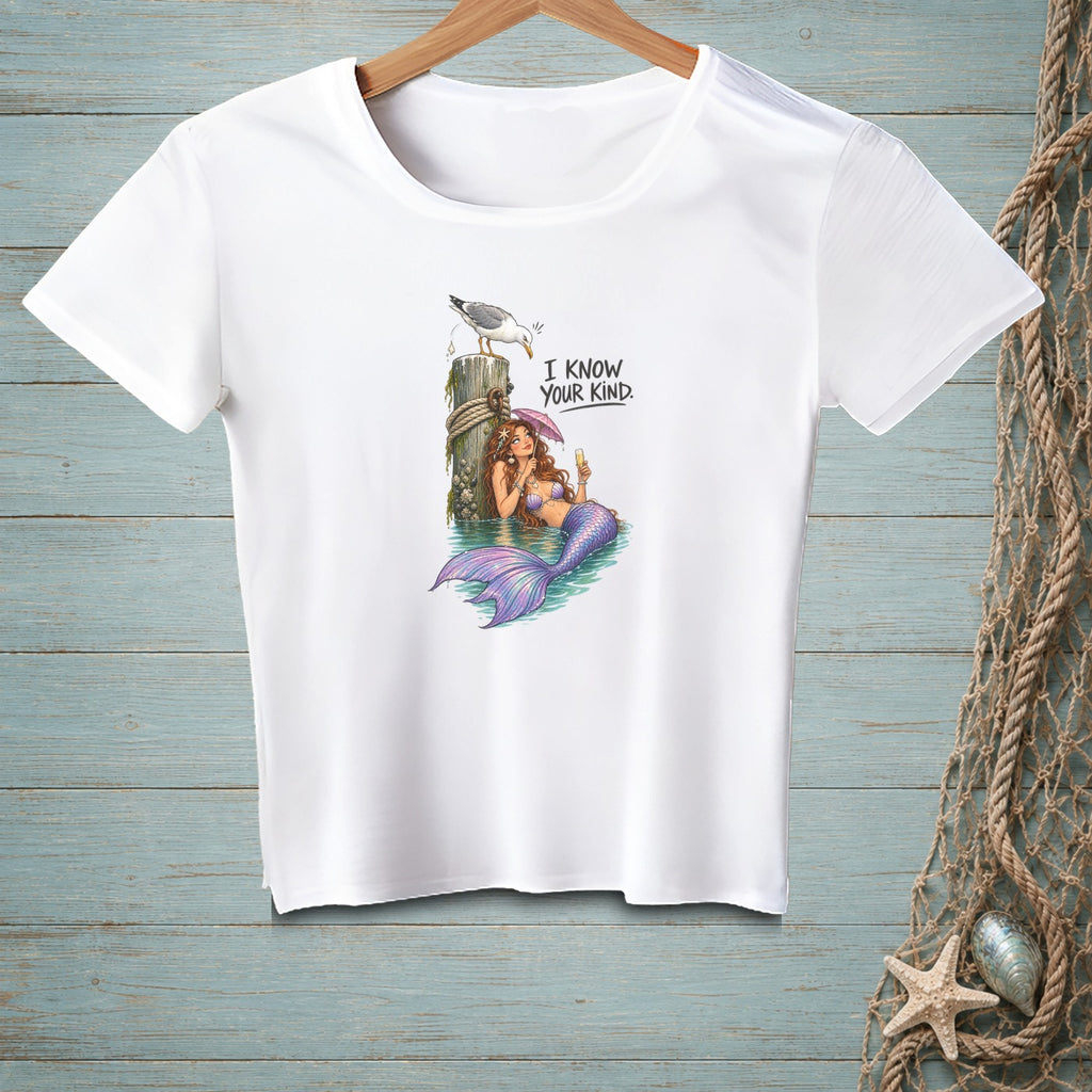 White t-shirt with mermaid, seagull, and "I know your kind." text.