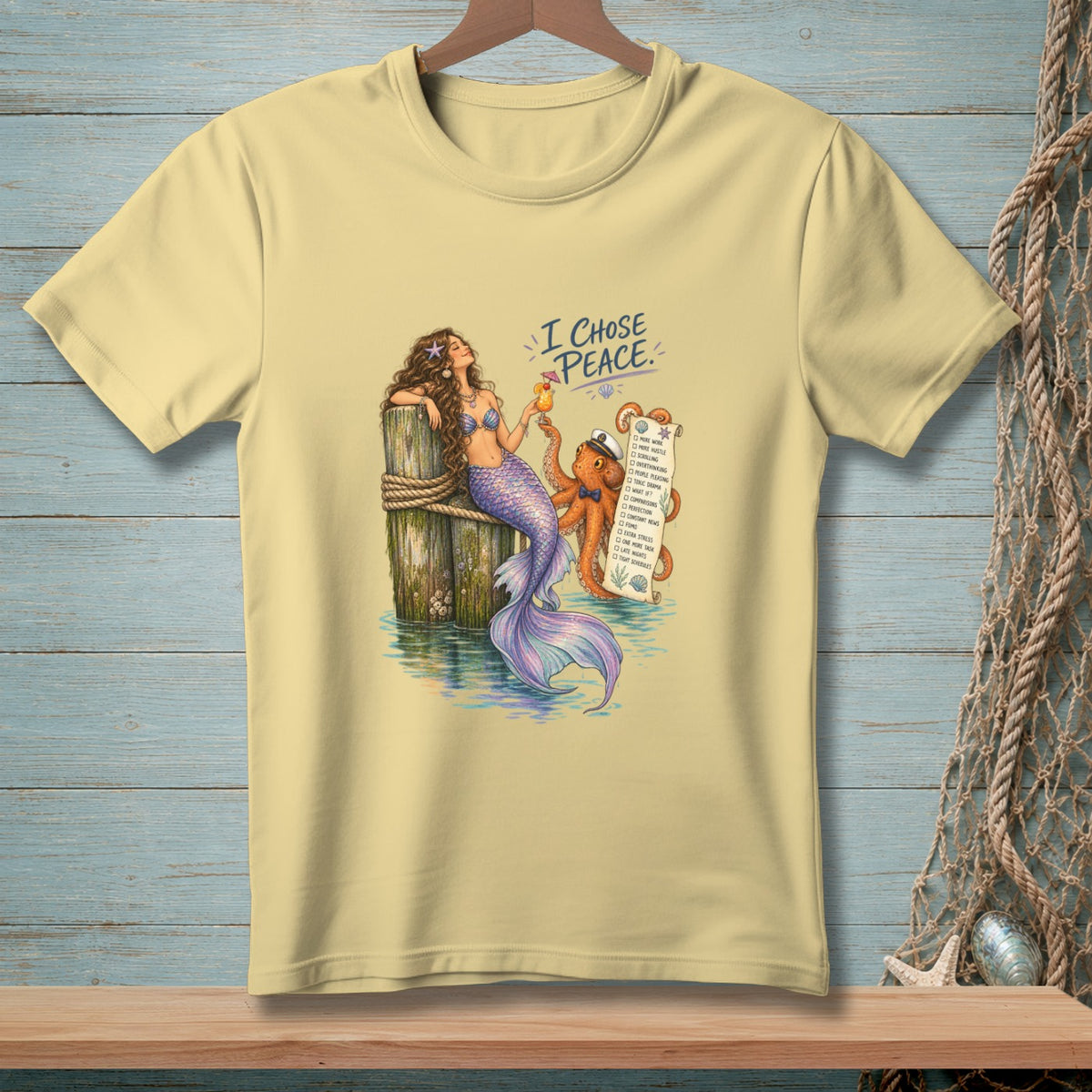 Mermaid and octopus on pier with "I Chose Peace" checklist.