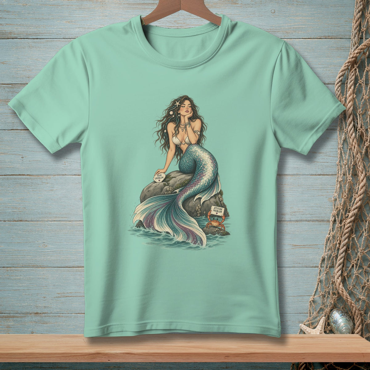 Mermaid sitting on a rock with "your problem" text, crab with "attitude problem" sign.