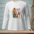 White long-sleeve shirt featuring a mermaid and crab graphic with "Back Off, Crab Breath." text.