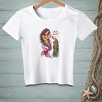 T-shirt with mermaid and lobster design, reading "I believe in your potential."