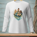 Three mermaids with flowing tails sit on a raft, enjoying drinks and snacks.