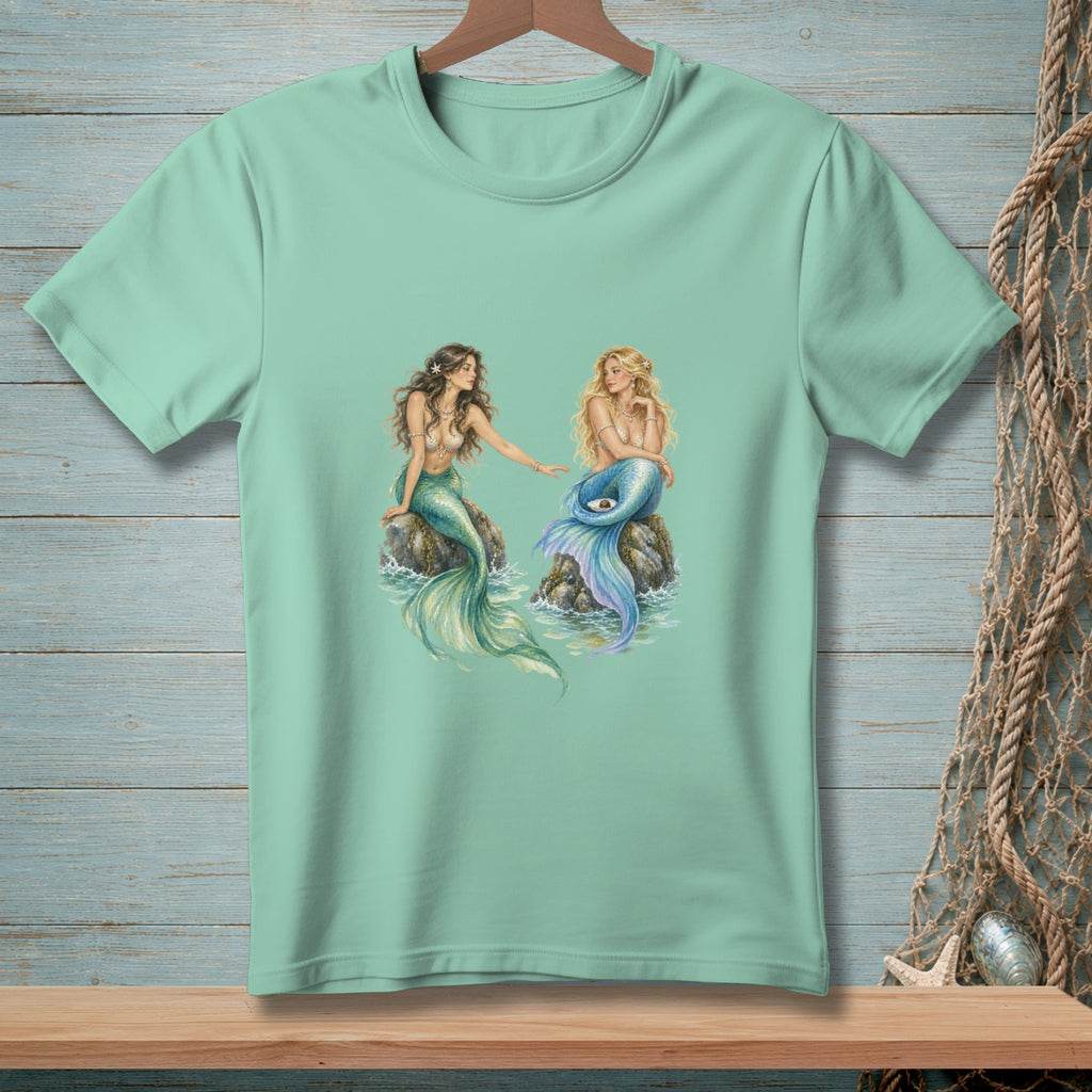 Mint t-shirt featuring two mermaids sitting on rocks with detailed watercolor illustration.