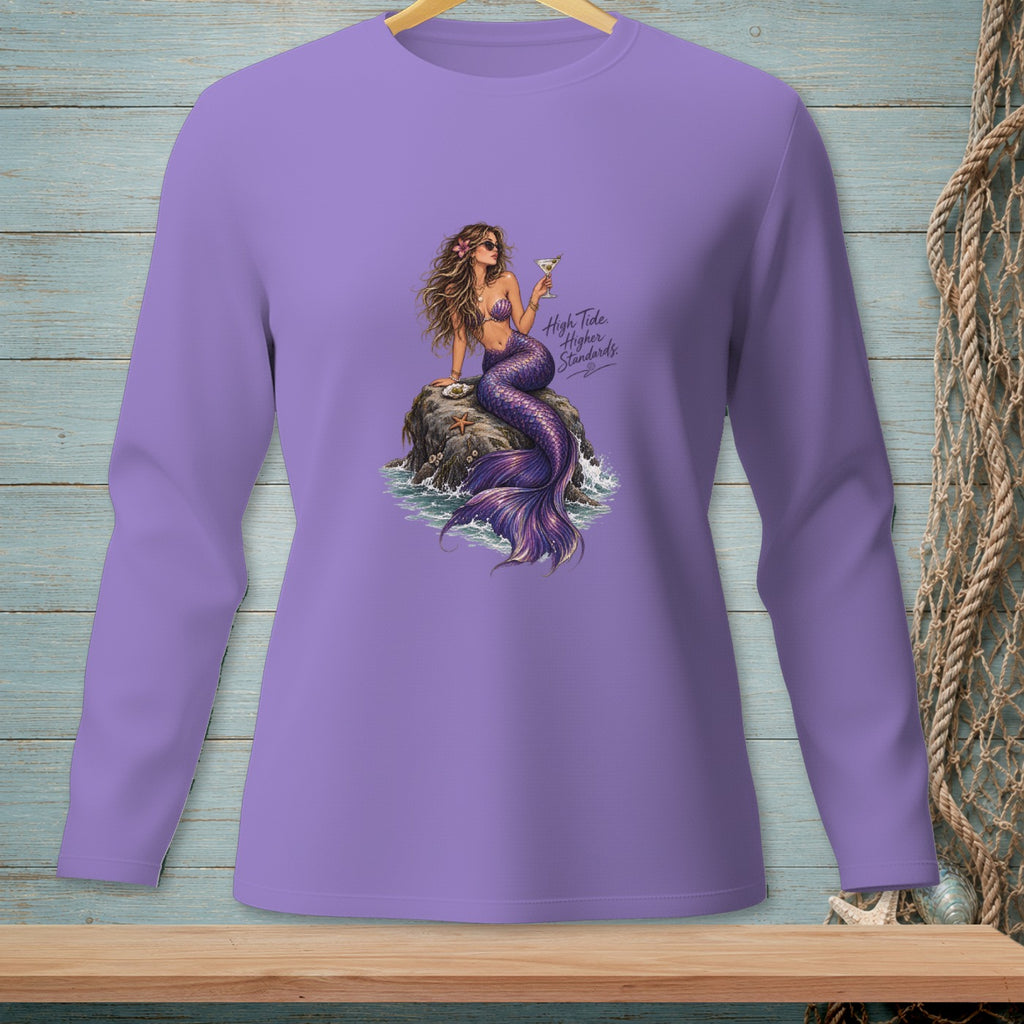 Purple long-sleeved shirt with a mermaid holding a martini and the text "High Tide. Higher Standards."