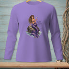 Purple long-sleeved shirt with a mermaid holding a martini and the text "High Tide. Higher Standards."