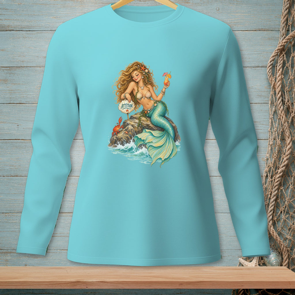Mermaid with cocktail and "Attitude" sign sits on a rock with crabs.