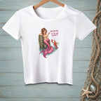 White t-shirt with mermaid and lobster graphic and text: "Take your time. I'm still not buying it."