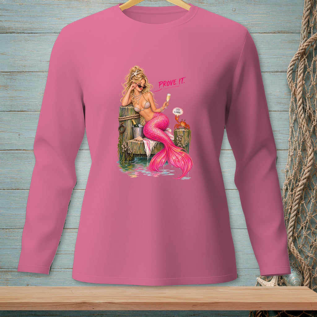 Pink long-sleeve shirt with graphic of a mermaid holding champagne and a crab reading "Less is More."
