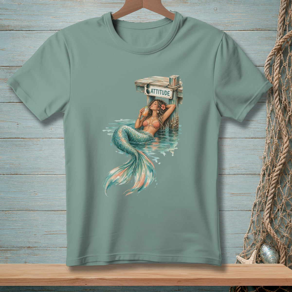 Mermaid lounging by dock with drink, "ATTITUDE" sign.