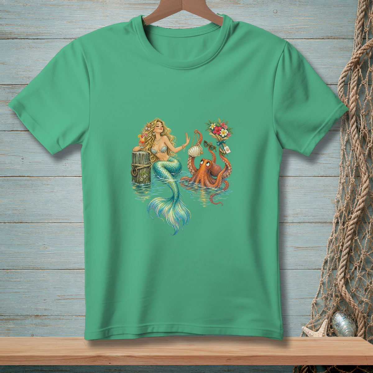 Mermaid sits on post with octopus holding flowers and sunglasses.