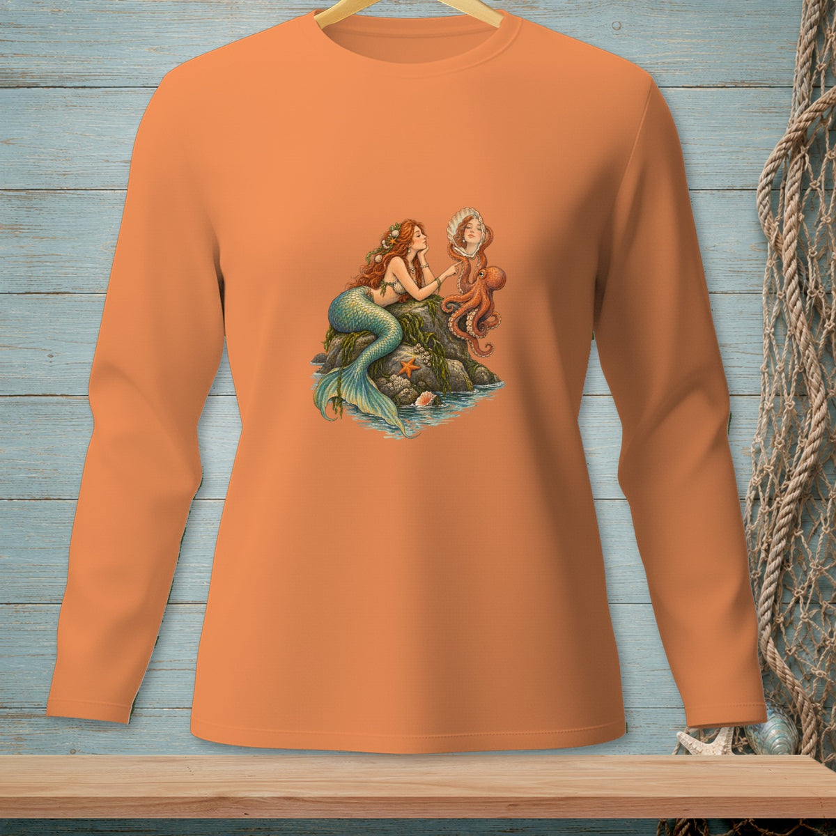 Mermaid sitting on a rock with an octopus holding a seashell with a face.