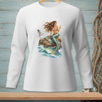 White long-sleeve shirt with a mermaid sitting on a rock holding a drink.